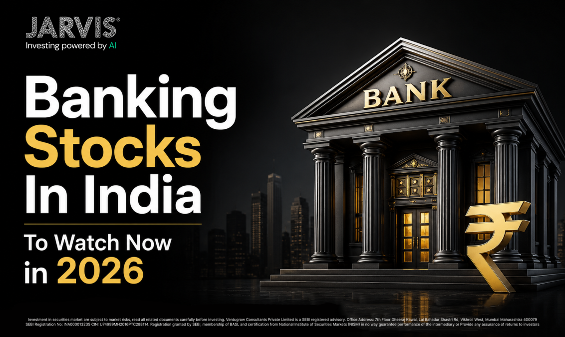 Banking Stocks In India To Watch Now in 2026 - Jarvis Invest Promo banner banking stocks in india with a bank building and ₹ symbol for 2026 investments by jarvis ai