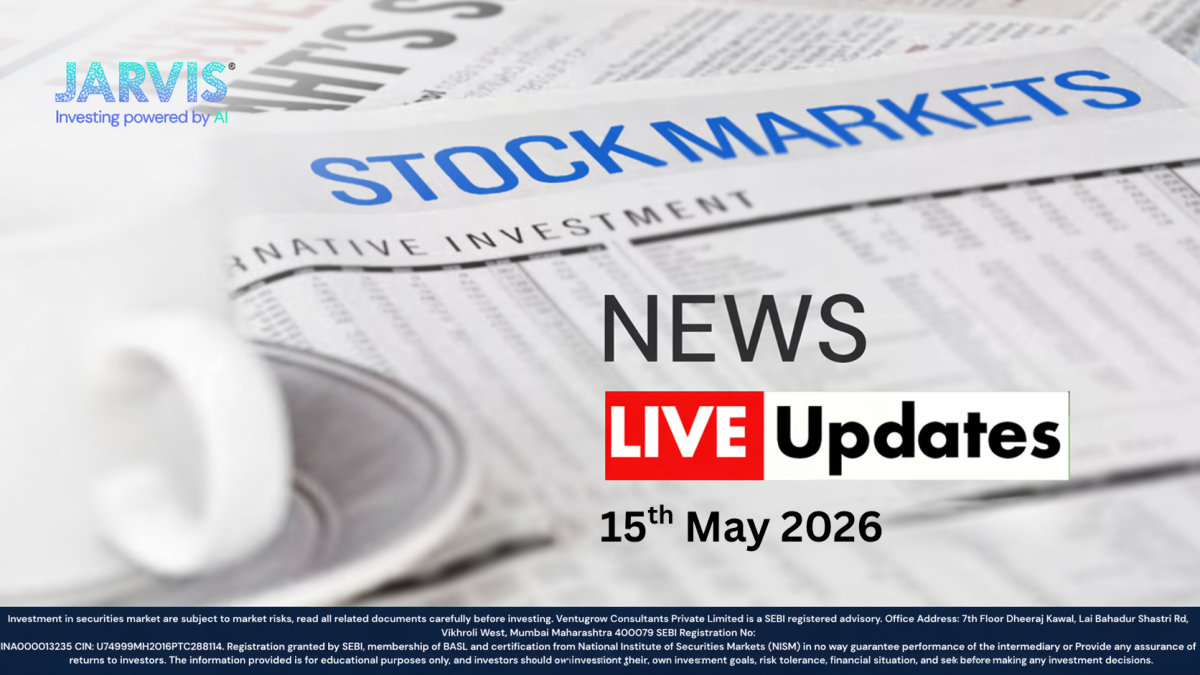 Banner showing stock market news with live updates and date featuring jarvis logo and a newsfinancial theme