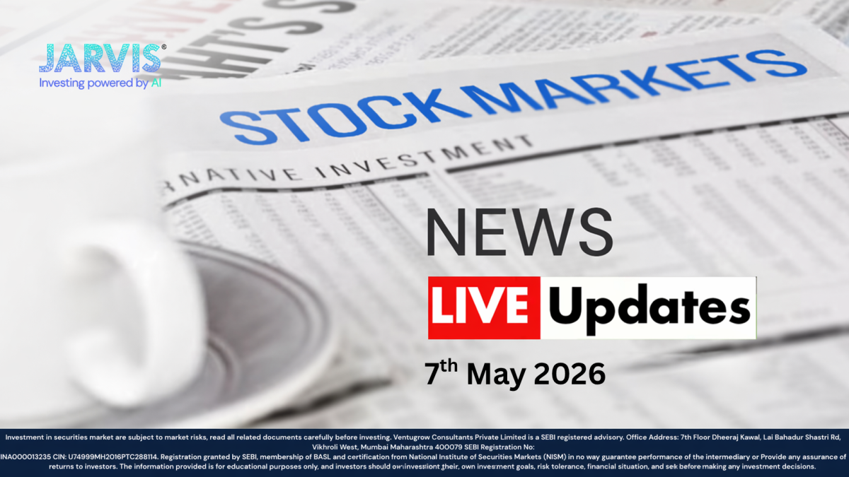 News banner with 'Stock Markets' headline and 'LIVE Updates' dated 7 May 2026, Jarvis logo top-left and blurred newspaper background.