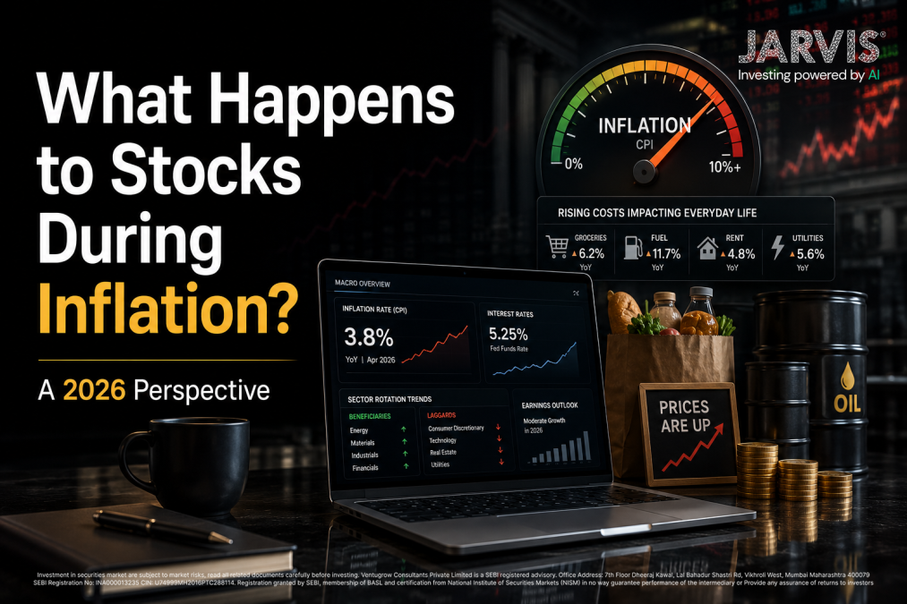 Promotional image about inflation's impact on stocks, featuring a large headline, a market gauge, a laptop with financial dashboards, and grocery items suggesting rising costs.