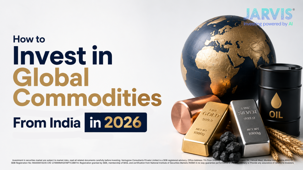 Banner promoting investing in global commodities from india in 2026 featuring globe gold and silver bars oil drum and wheat