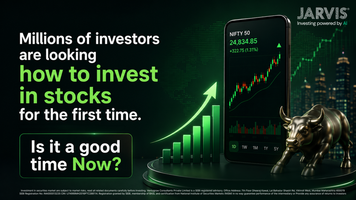 Promotional ad bold white and green text about investing in stocks with a rising green bar chart a smartphone showing a stock chart and a bull statue