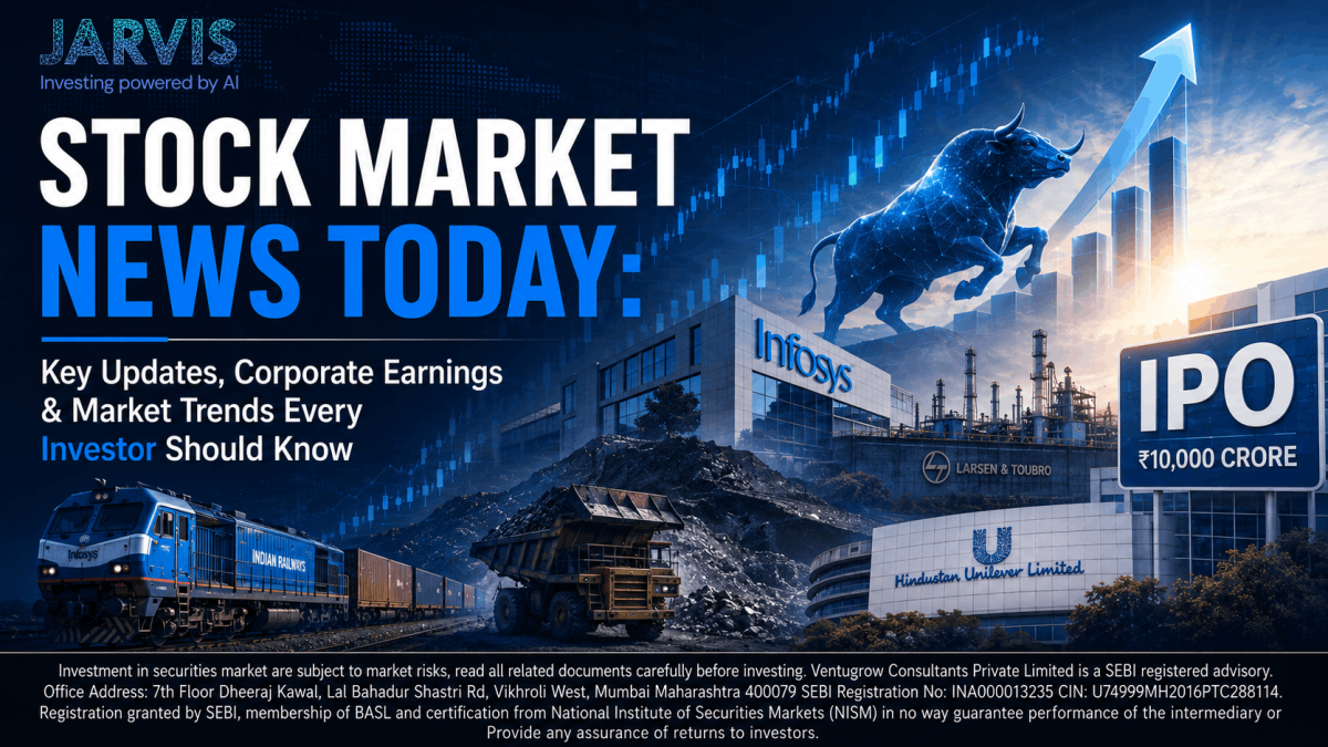 Promotional banner for stock market news with a blue bull rising arrow and ipo sign beside corporate logos like infosys and hindustan unilever