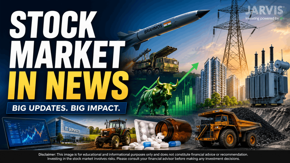 Bold banner announcing stock market news with a green upward arrow and rising graphs across industries like energy real estate and manufacturing and the headline stock market in news