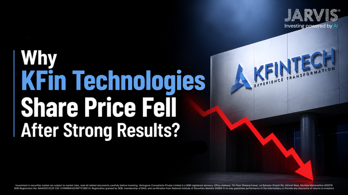 Why KFin Technologies Share Price Fell After Strong Results - Jarvis Invest Banner asking why kfin technologies share price fell after strong results with a blue title on a black background and a red downward arrow image nearby