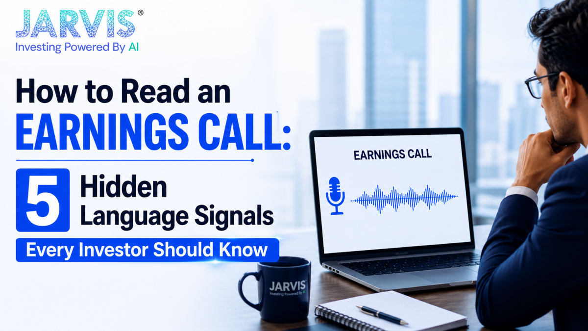 earning calls blog - Jarvis Invest Cover image for an article how to read an earnings call with 5 hidden language signals and every investor should know shows a man at a laptop and jarvis branding in the background