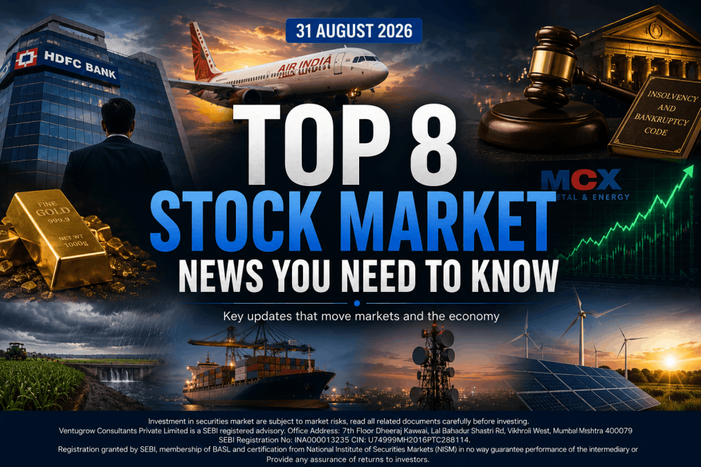 Blog Cover 31st August 2026 1 - Jarvis Invest Video thumbnail for a stock market update top 8 stock market news you need to know with date 31 august 2026 collage includes a bank building air india plane gavel and insolvency book gold bars a rising stock chart mcx logo and wind turbinessolar panels