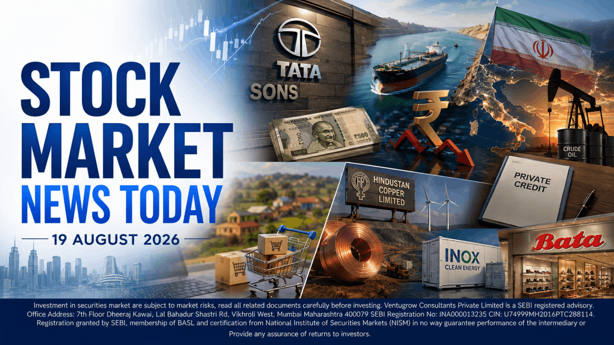 Collage banner for stock market news with a bold left headline and global finance imagery money charts tata sons sign energy and flags