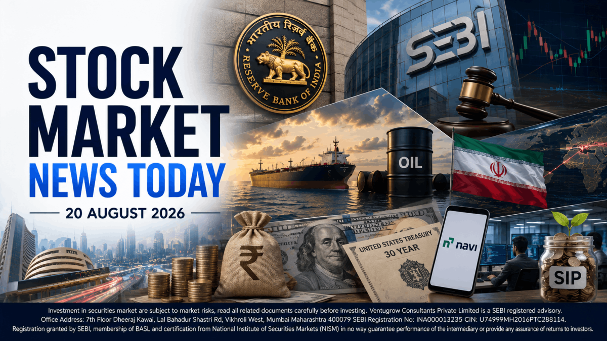 Banner collage announcing stock market news today 20 august 2026 with finance icons oil barrel ship currencies iran flag gavel and trading screens