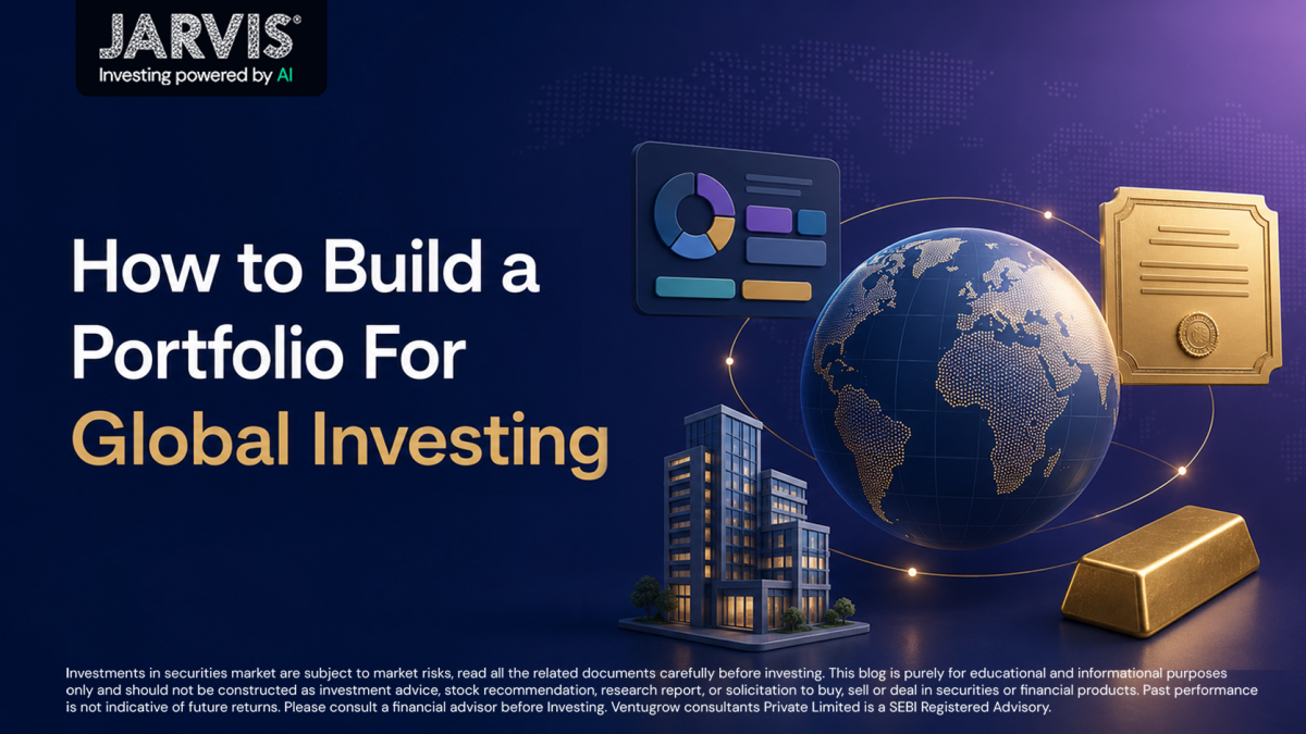 How to Build a Portfolio For Global Investing - Jarvis Invest Hero banner for an article titled how to build a portfolio for global investing with a globe gold bars buildings and finance icons jarvis logo in corner