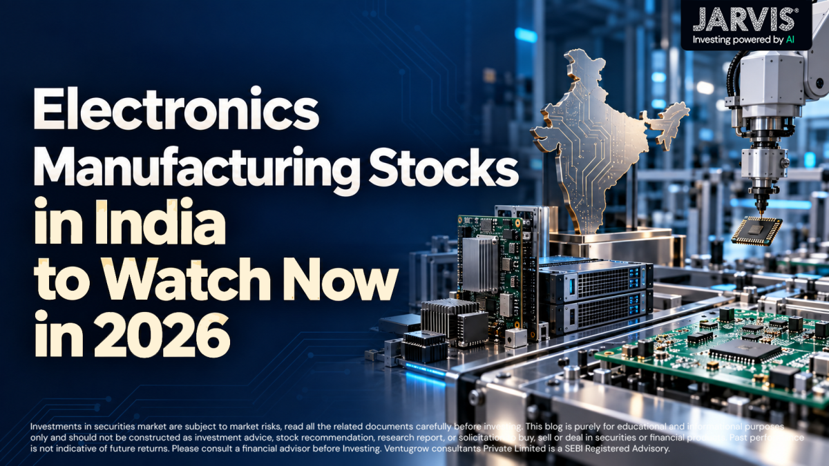 Promotional banner about electronics manufacturing stocks in india to watch in 2026 with a robotic arm and circuit boards