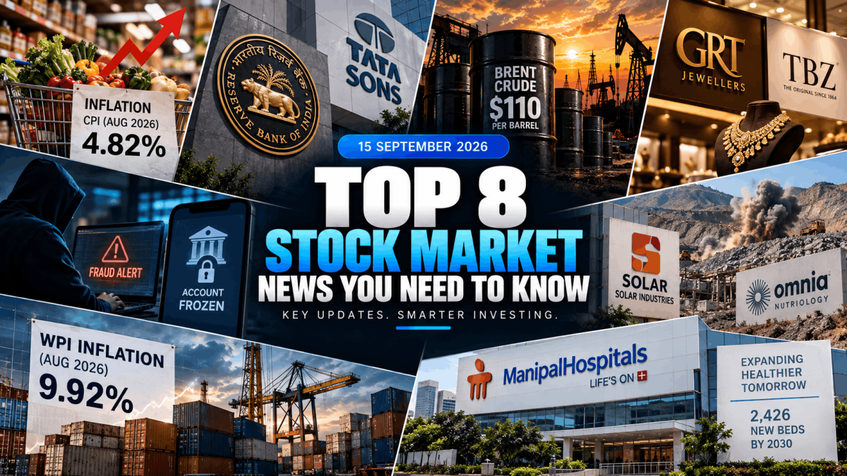 Stock Market blog cover 15th september 2026 1 - Jarvis Invest Collage banner showing stock market news including inflation data rbi emblem tata sons brent crude a jewelry store a hospital sign and a shippingindustrial scene