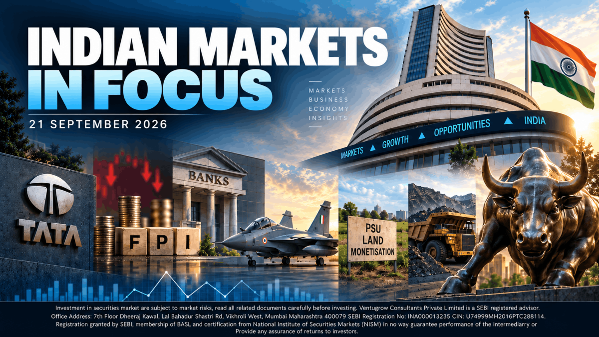 Banner for indian markets in focus indian flag financial buildings bull statue jets and market indicators