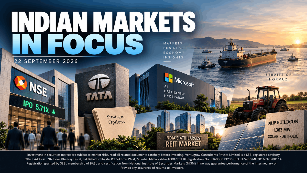 Stock market blog cover 22nd September 2026 1 - Jarvis Invest Promotional banner titled indian markets in focus featuring nse and tata logos a microsoft data centre skyscrapers ships a tractor and solar panels