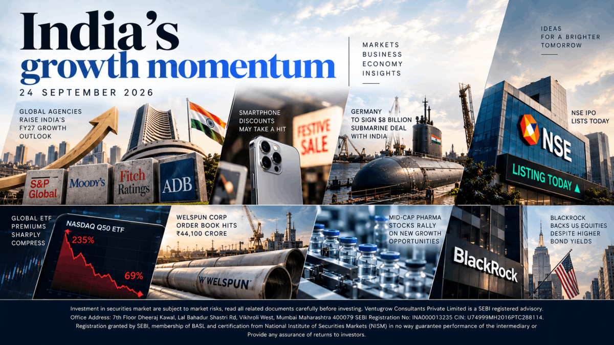 Stock market blog cover 24th September 2026 1 - Jarvis Invest Collage banner titled indias growth momentum featuring finance industry and economy imagery stock charts indian flag nse building submarine vaccines logos like sp global moodys fitch adb