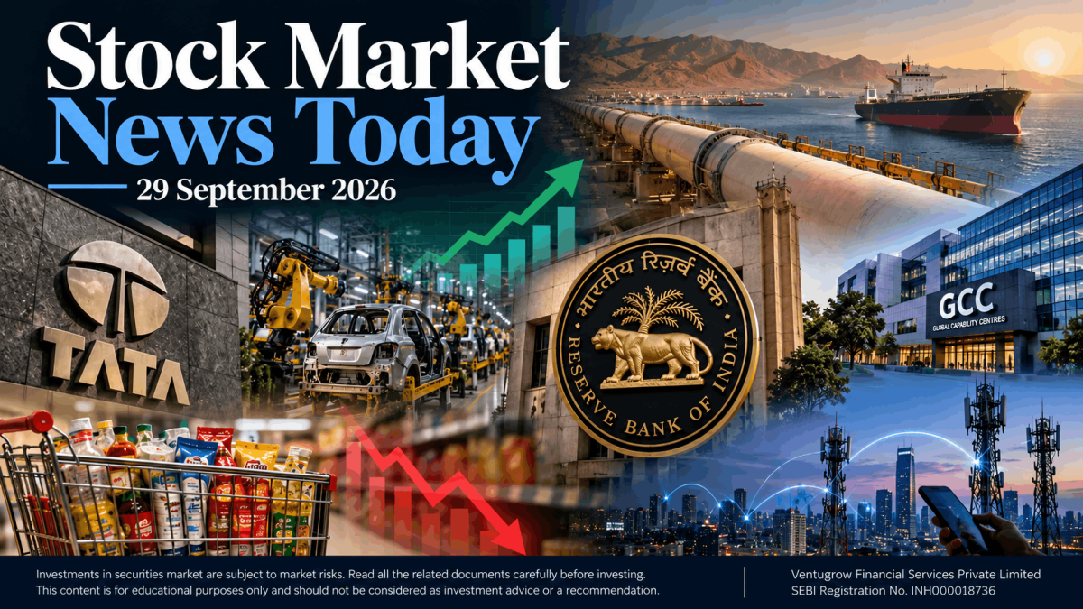 Stock market blog cover 29th September 2026 1 - Jarvis Invest Collage banner for stock market news today with up arrows and indian industry scenes tata logo auto factory rbi seal port ship gcc building and city skyline at sunset