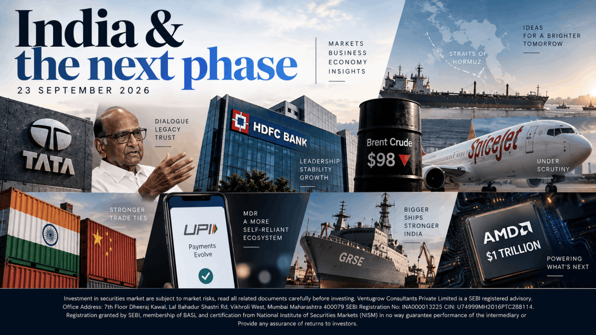 Collage banner titled india  the next phase showing finance infrastructure and trade imagery tata hdfc bank spicejet amd with ships oil barrel and shipping containers