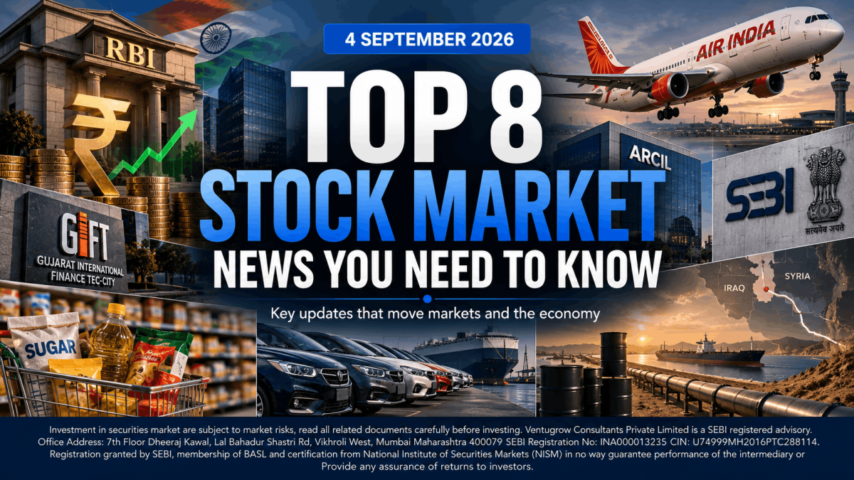 Stock market news cover 4th september 2026 1 - Jarvis Invest Banner collage announcing top 8 stock market news you need to know with images of rbi indian flag air india plane stock symbols grocery cart cars ships and oil pipelines for context