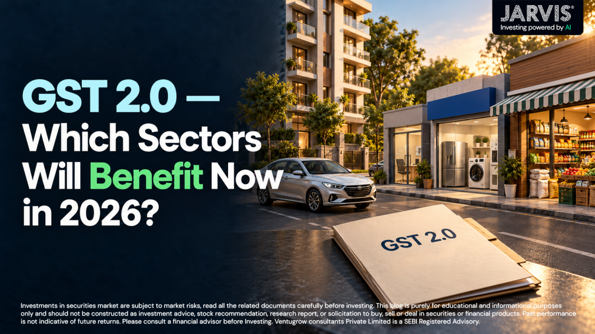 GST 20 - Which Sectors Will Benefit Now in 2026 - Jarvis Invest Gst 2 0 which sectors will benefit in 2026 Bold headline on left with a city street and car on the right jarvis logo in top right corner