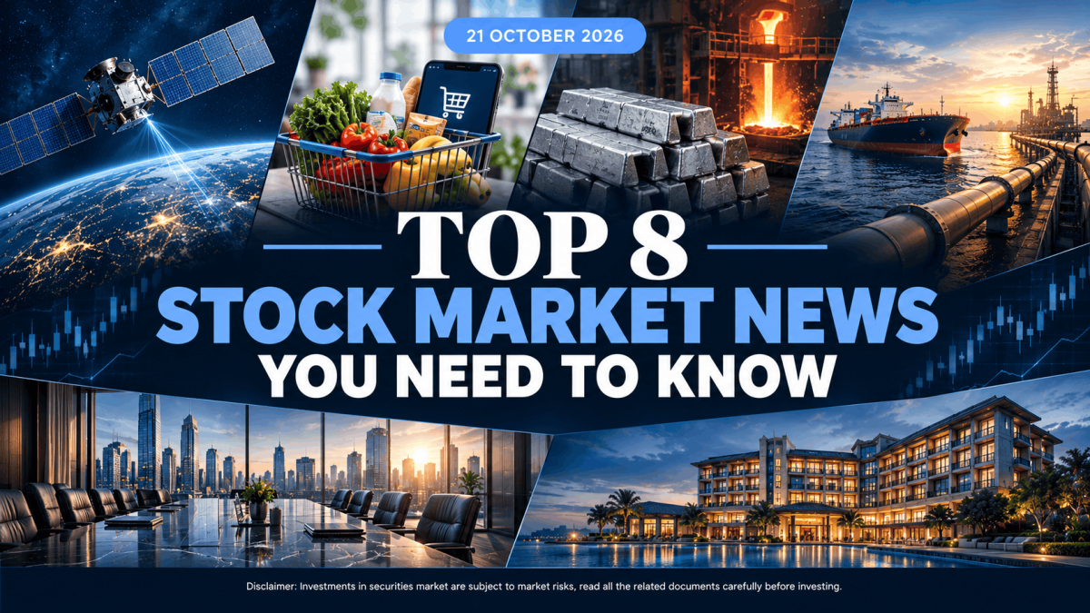 Stock Market Blog Cover 21st October 2026 1 - Jarvis Invest Collage banner for stock market news satellites groceries metal bars refinery ships city office and resort hotel with title top 8 stock market news you need to know