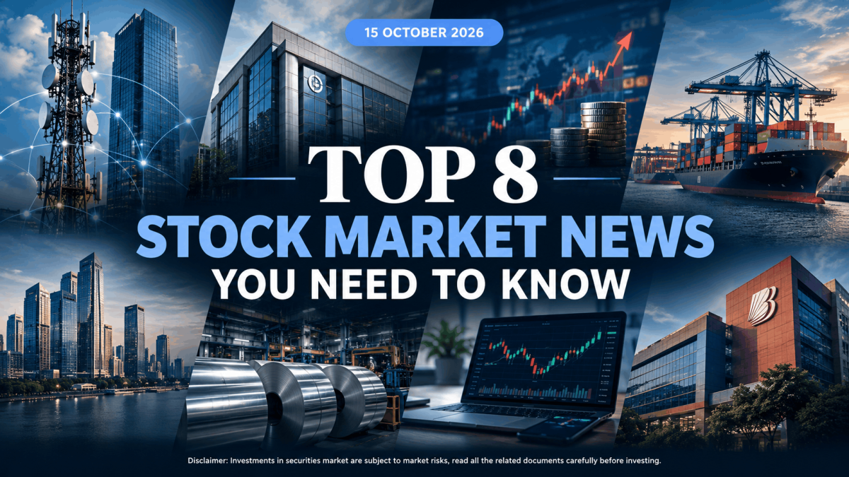 Banner image top 8 stock market news you need to know with date 15 october 2026 in a blue ribbon collage of finance and shipping scenes in the background