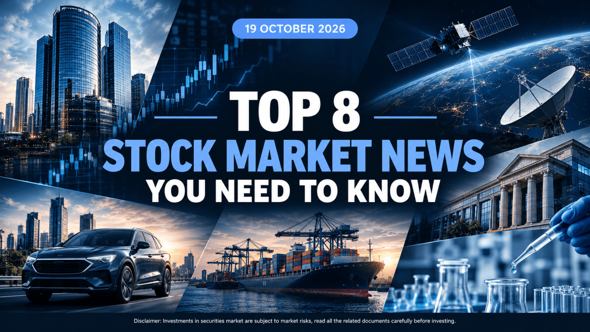 Banner announcing top 8 stock market news you need to know dated 19 october 2026 with a collage of finance and industry imagery
