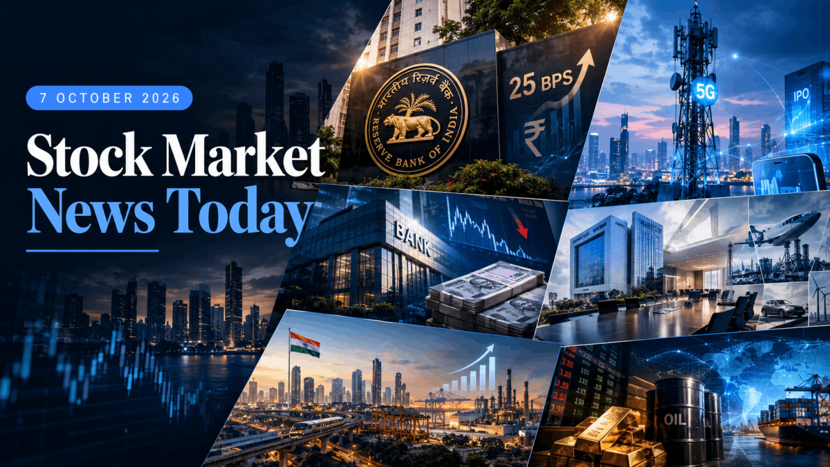 Collage of finance scenes with stock charts bank building currency city skyline and stock market news today headline on the left