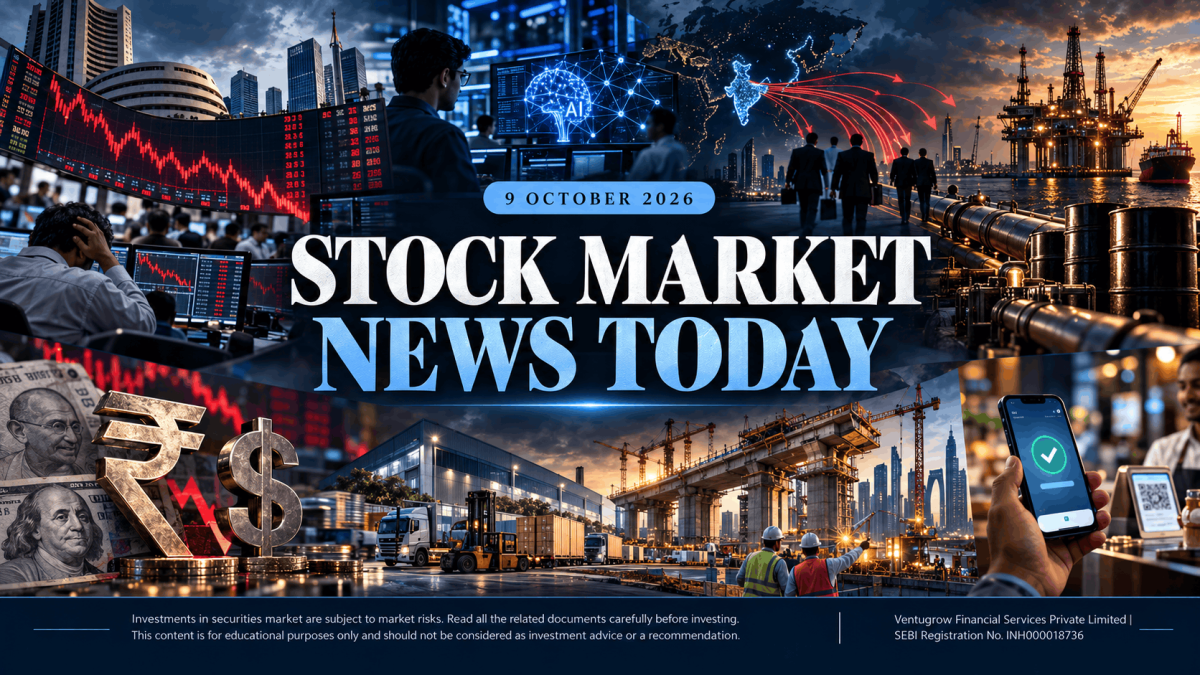 Collage banner about stock market news showing trading screens city skyline ai graphics currency symbols and construction sites at sunset