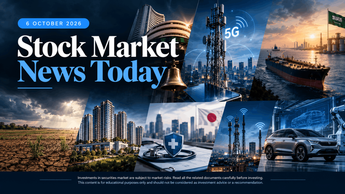 Stock Market News Today_ Industry Outlook 1 - Jarvis Invest Stock market news today banner showing a collage of city skyline 5g tower ship buildings car and a market bell with the date 6 october 2026