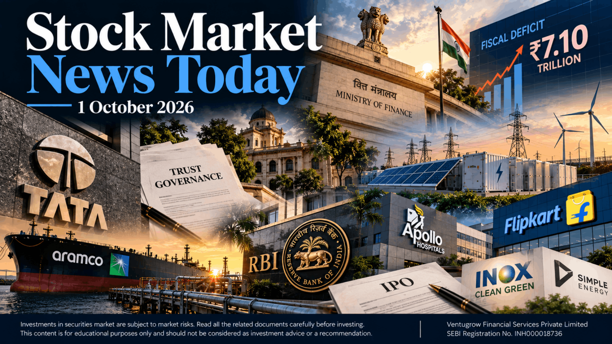 Stock market blog cover 1st October 2026 1 - Jarvis Invest Stock market news today cover featuring indian finance buildings rbi seal and logos like tata flipkart aramco with date 1 october 2026