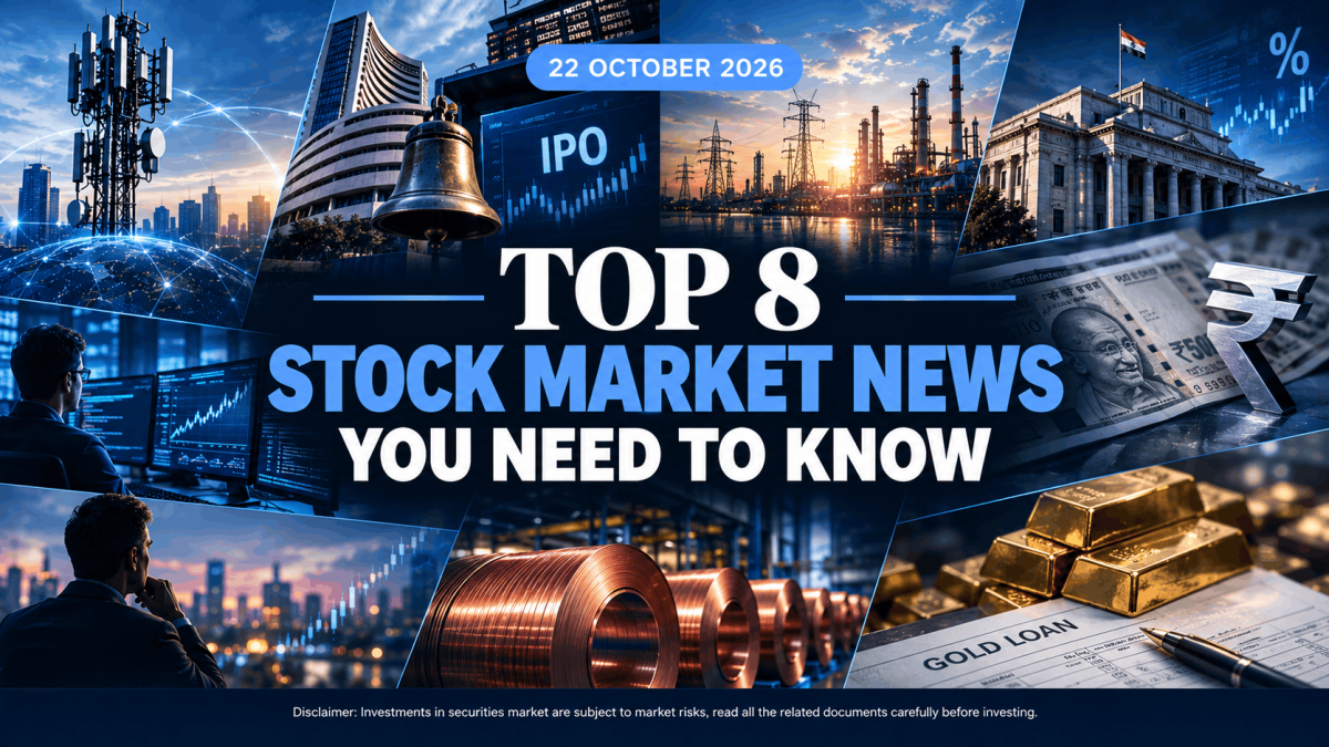 Stock market blog cover 22nd October 2026 1 - Jarvis Invest Banner collage announcing top 8 stock market news you need to know with ipo screen stock charts and gold bars for finance topics