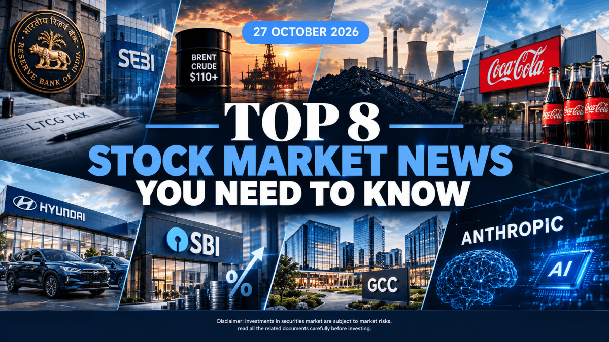 Collage image announcing top 8 stock market news you need to know with date 27 october 2026 and imagery of banks oil cocacola cars ai and cityscape