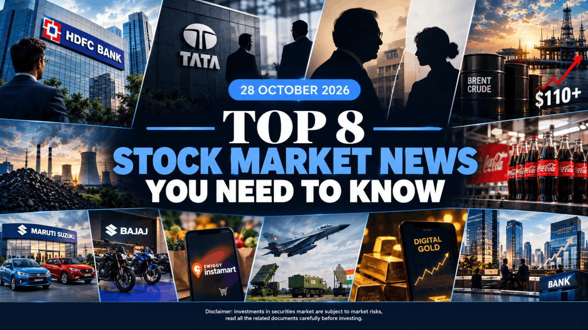 Collage banner announcing top 8 stock market news you need to know with the date 28 october 2026 featuring financial districts energy automotive and consumer brands in a blue accented layout