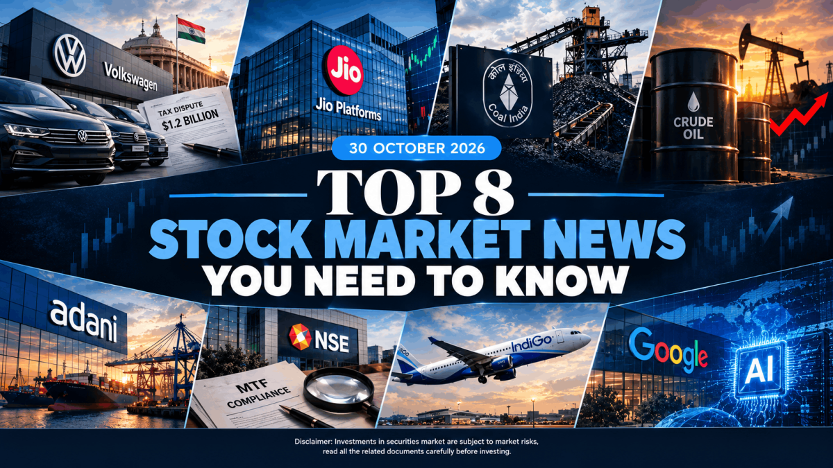Stock market blog cover 30th October 2026 1 - Jarvis Invest Collage banner with stock market scenes and logos volkswagen jio platforms oil barrels surrounding the headline top 8 stock market news you need to know dated 30 october 2026